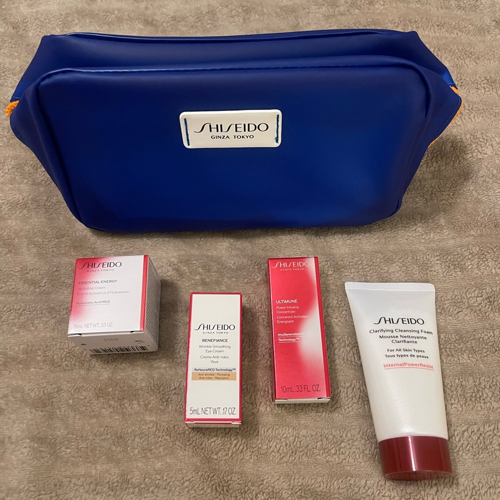New Shiseido Blue Cosmetic Bag with Skincare Products